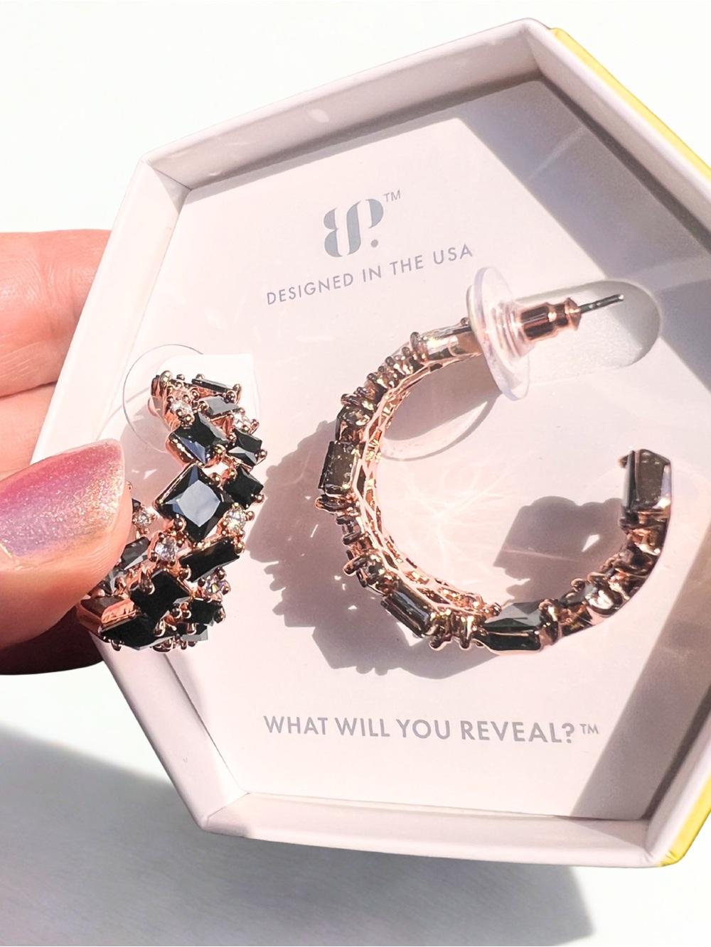 Bomb Party “Ribbons on Shadows” Black Onyx CZ Hoop Earrings | Rose Gold Plated